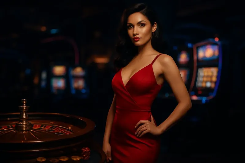 Bangladesh Casino Banner Elegant woman in red dress standing by roulette and slot machines in luxury Bangladeshi casino with neon lights and gold coins