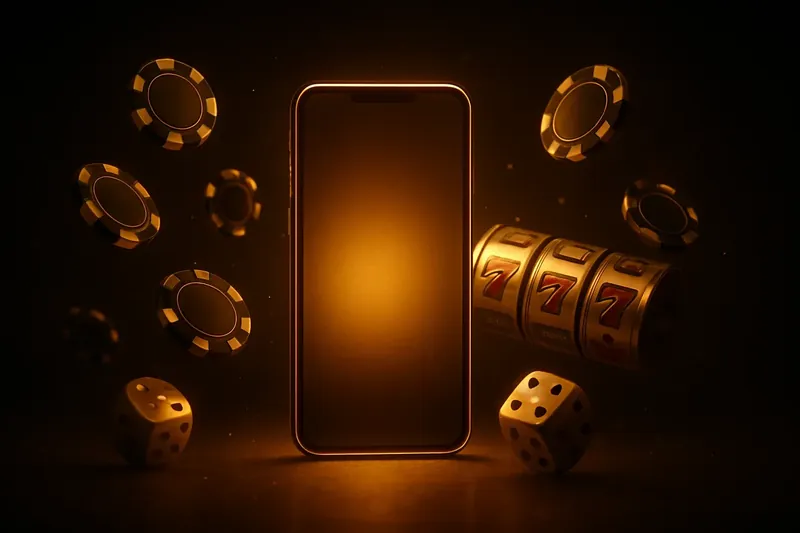 Glowing Smartphone Casino Banner Panoramic banner with glowing smartphone, floating casino chips, slot reels, dice, and gold accents on a dark background